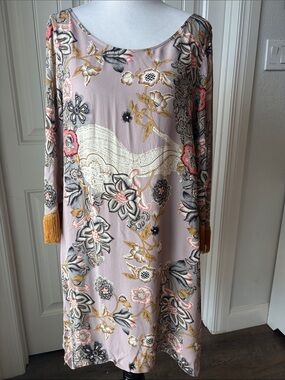 Uncle Frank Dusty Pink Floral Long-Sleeve Shift Dress with Tassel Cuffs